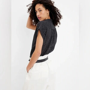 J. Crew 100% Silk Button Down Short Sleeve Blouse Mini Polka dot Black White 2